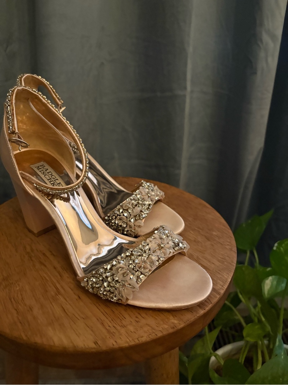 Badgley Mischka Rose Gold Crystal-Embellished Block Heel Sandals